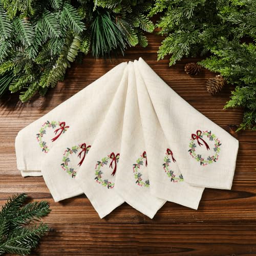 SmoothNovelty 6 Pcs Christmas Cloth Napkins Xmas Linen Dinner Napkins 18 x 18 Inch Soft Embroidered Linen Square Fabric Merry Christmas Wreath White Handkerchief for Wedding Holiday Dining Gifts - Image 1
