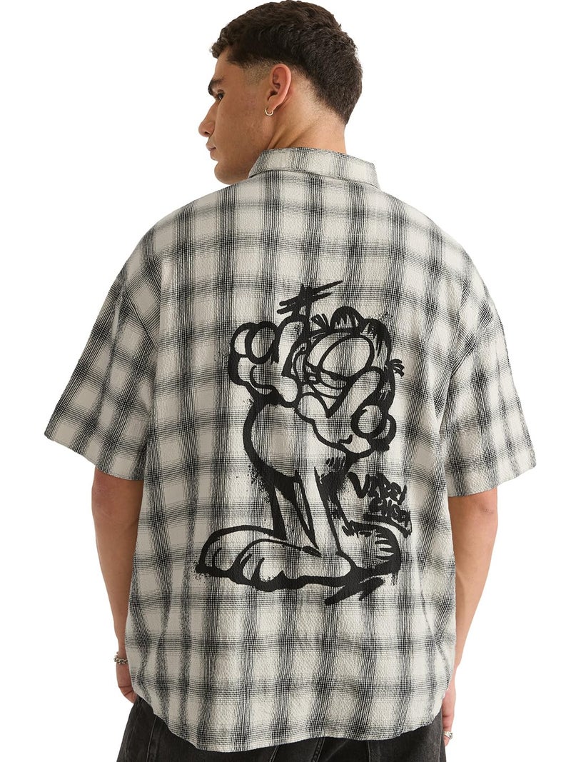 The Souled Store Garfield: Vibe Check Men and Boys Short Sleeve Spread Collar Grey Checked and Graphic Printed Cotton Oversized Shirt - Image 1