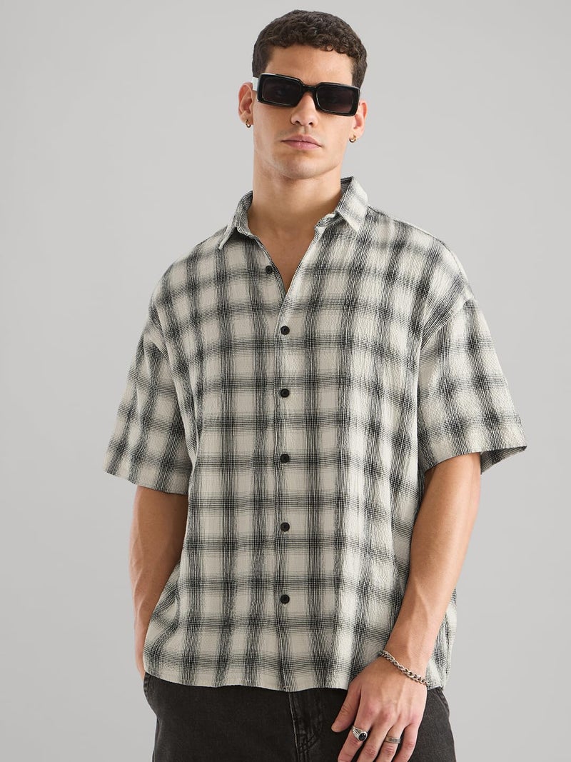 The Souled Store Garfield: Vibe Check Men and Boys Short Sleeve Spread Collar Grey Checked and Graphic Printed Cotton Oversized Shirt - Image 3