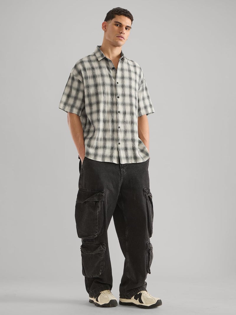 The Souled Store Garfield: Vibe Check Men and Boys Short Sleeve Spread Collar Grey Checked and Graphic Printed Cotton Oversized Shirt - Image 4