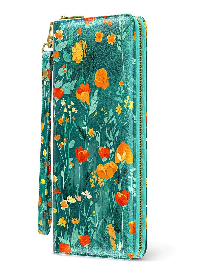 Aiawoxc Womens Wallet, RFID Wristlet Wallet for Women, Cute Ladies Clutch Purses, Large Leather Card Holder Wallets Travel Wallets with Zipper & Phone Holder(B03-Beautiful Flowers) - Image 1