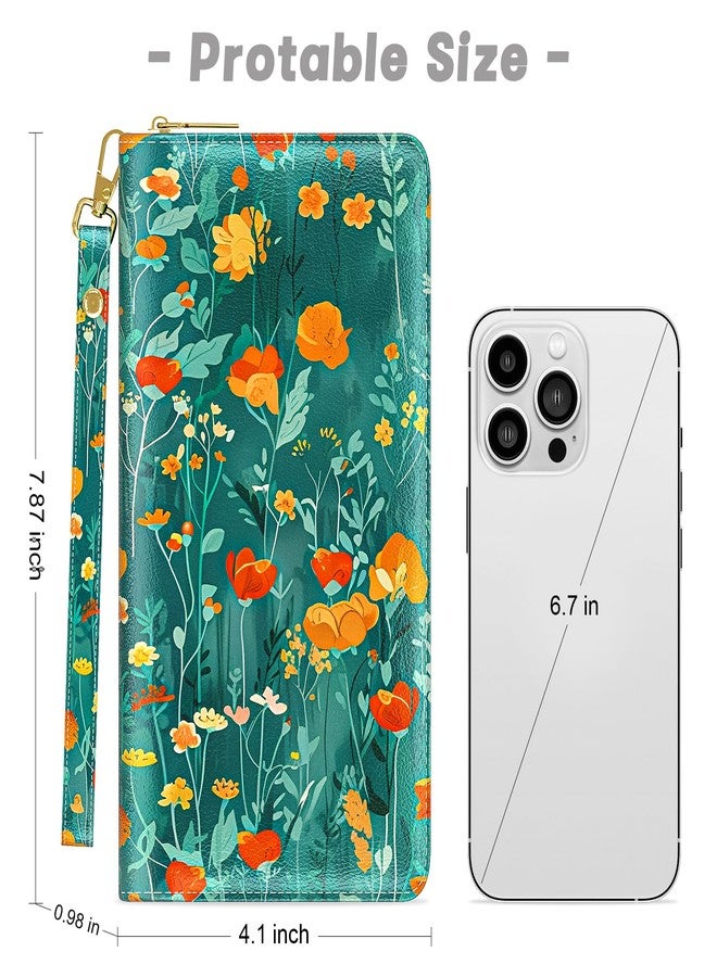 Aiawoxc Womens Wallet, RFID Wristlet Wallet for Women, Cute Ladies Clutch Purses, Large Leather Card Holder Wallets Travel Wallets with Zipper & Phone Holder(B03-Beautiful Flowers) - Image 2