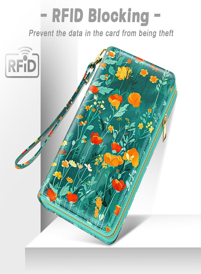 Aiawoxc Womens Wallet, RFID Wristlet Wallet for Women, Cute Ladies Clutch Purses, Large Leather Card Holder Wallets Travel Wallets with Zipper & Phone Holder(B03-Beautiful Flowers) - Image 5