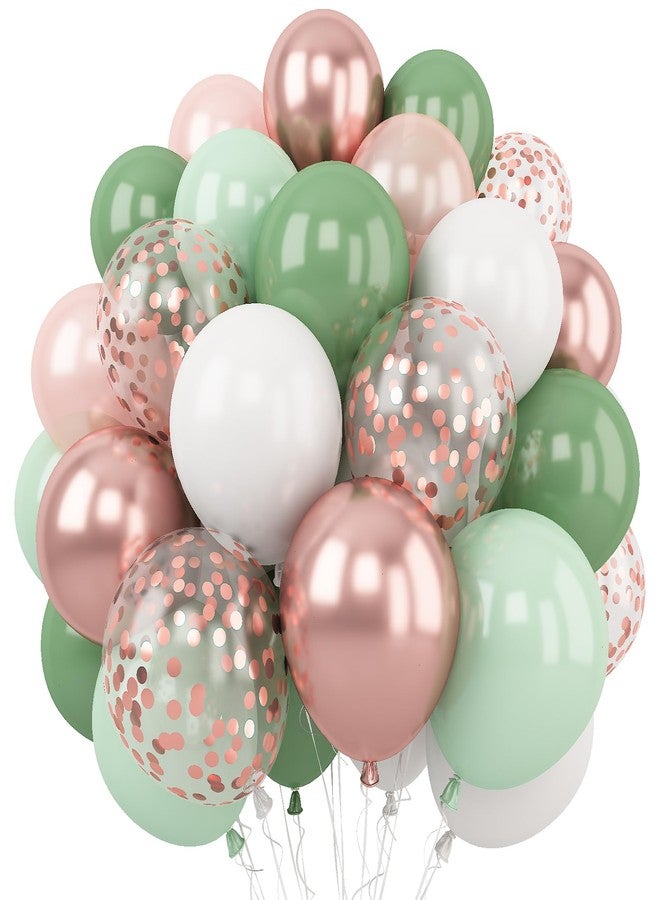 Togvu Sage Green and Rose Gold Balloons, 12 Inch Retro Green Metallic Rose Gold Confetti Balloons, Dusty Green White Latex Balloons for Birthday, Wedding, Baby Shower, Jungle Party Decoration - Image 1