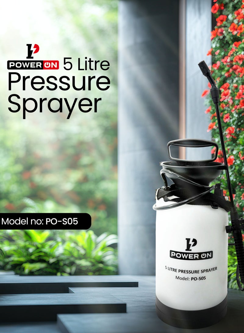 POWERON 5L Garden Pressure Sprayer – Adjustable Nozzle, Durable Plastic Tank, Shoulder Strap – White - Image 2