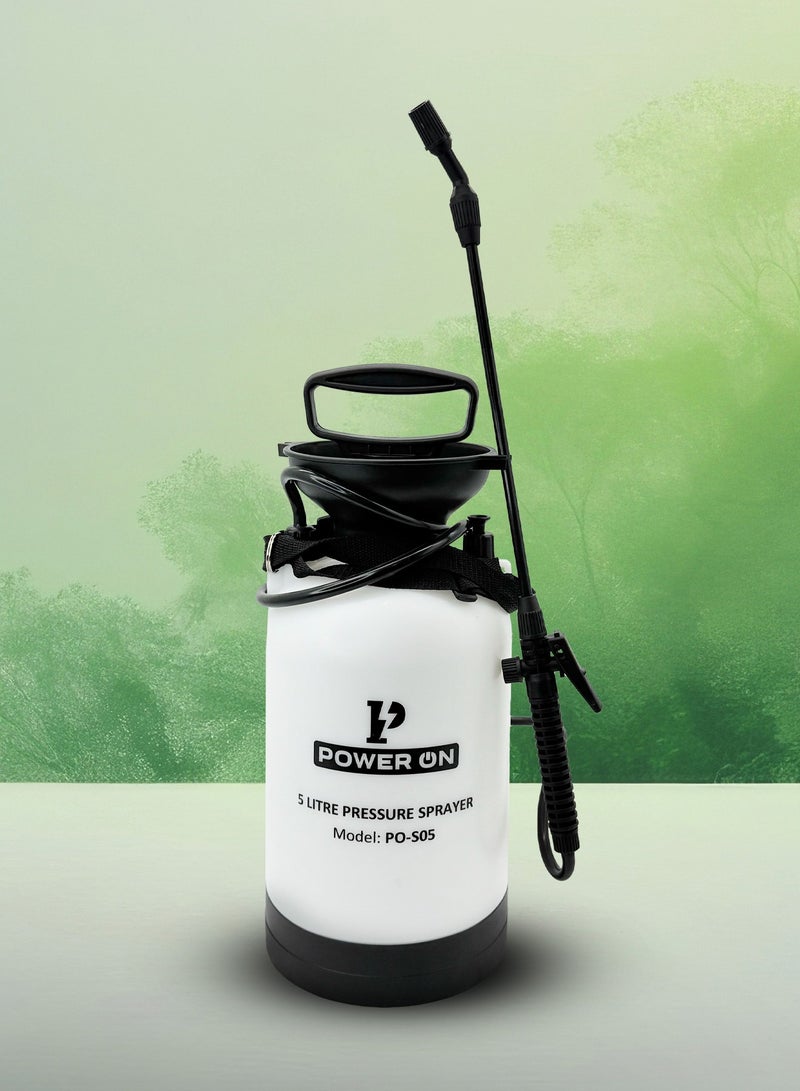 POWERON 5L Garden Pressure Sprayer – Adjustable Nozzle, Durable Plastic Tank, Shoulder Strap – White - Image 1