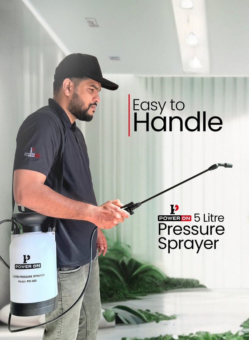 POWERON 5L Garden Pressure Sprayer – Adjustable Nozzle, Durable Plastic Tank, Shoulder Strap – White - Image 3