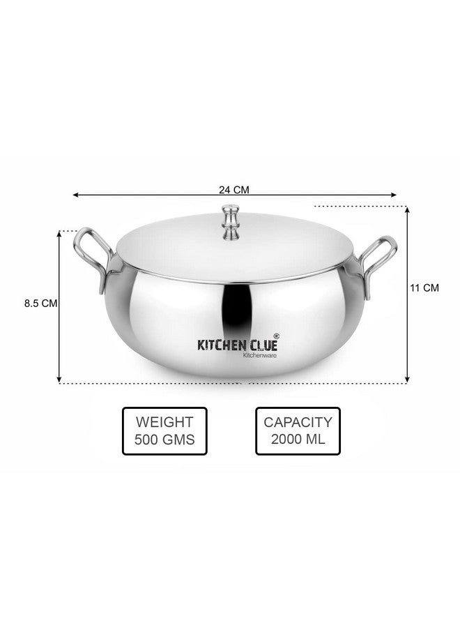 KITCHEN CLUE Stainless Steel Serving Kadhai Set with Lid - Looks Attractive & Stylish - Pack of 2 Pcs, 2000 ML & 2 Pcs Serving Spoon - Ideal for Serving & Storing - Steel Container with Lid - Image 4
