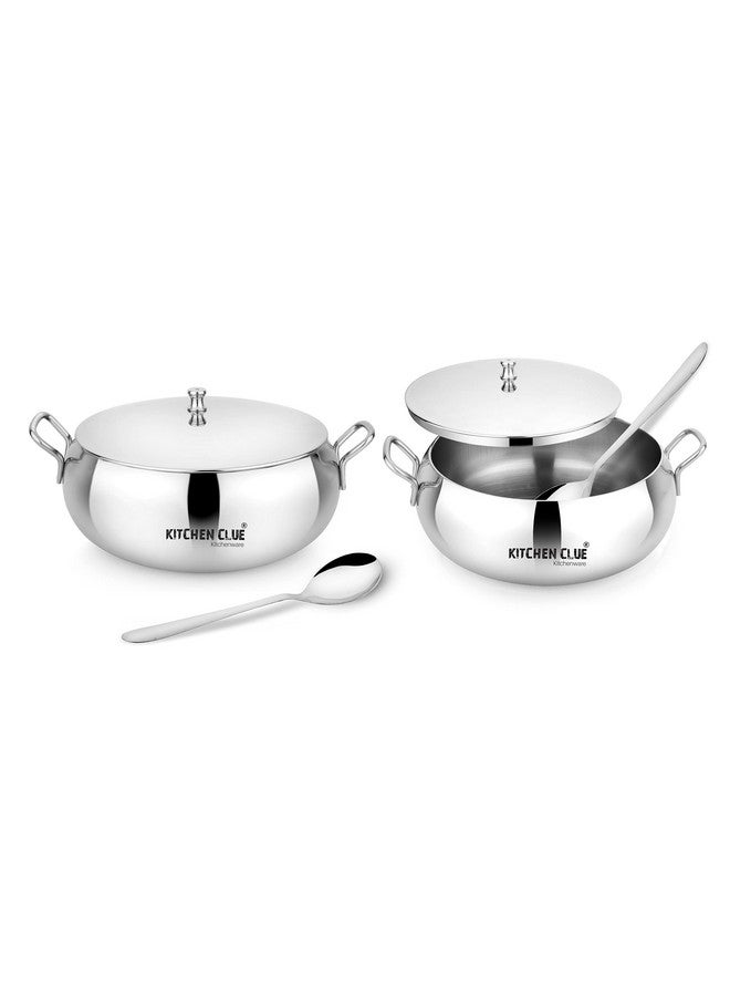 KITCHEN CLUE Stainless Steel Serving Kadhai Set with Lid - Looks Attractive & Stylish - Pack of 2 Pcs, 2000 ML & 2 Pcs Serving Spoon - Ideal for Serving & Storing - Steel Container with Lid - Image 1