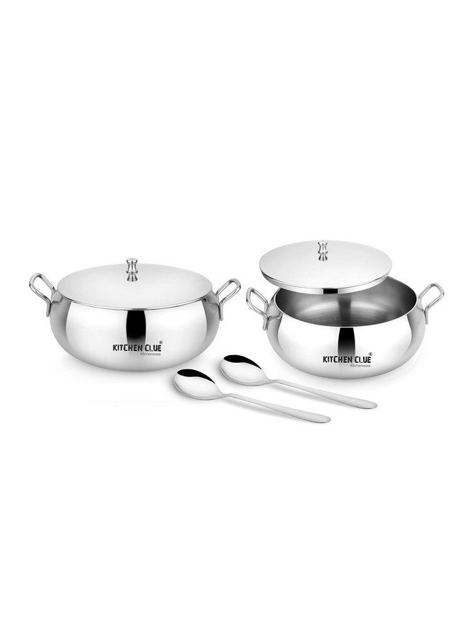 KITCHEN CLUE Stainless Steel Serving Kadhai Set with Lid - Looks Attractive & Stylish - Pack of 2 Pcs, 2000 ML & 2 Pcs Serving Spoon - Ideal for Serving & Storing - Steel Container with Lid - Image 3