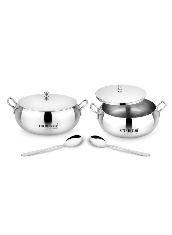 KITCHEN CLUE Stainless Steel Serving Kadhai Set with Lid - Looks Attractive & Stylish - Pack of 2 Pcs, 2000 ML & 2 Pcs Serving Spoon - Ideal for Serving & Storing - Steel Container with Lid - Image 5