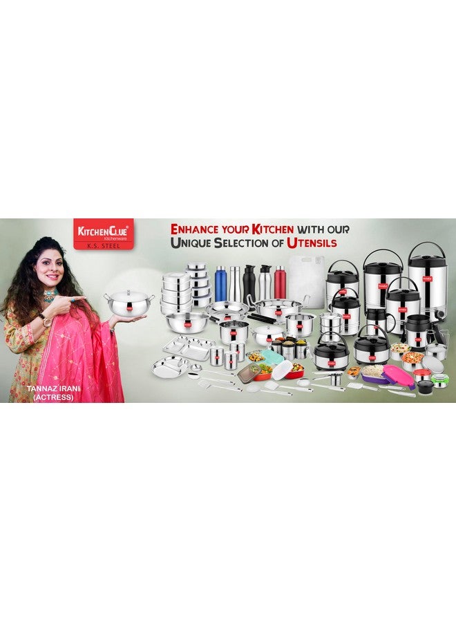 KITCHEN CLUE Stainless Steel Serving Kadhai Set with Lid - Looks Attractive & Stylish - Pack of 2 Pcs, 2000 ML & 2 Pcs Serving Spoon - Ideal for Serving & Storing - Steel Container with Lid - Image 2