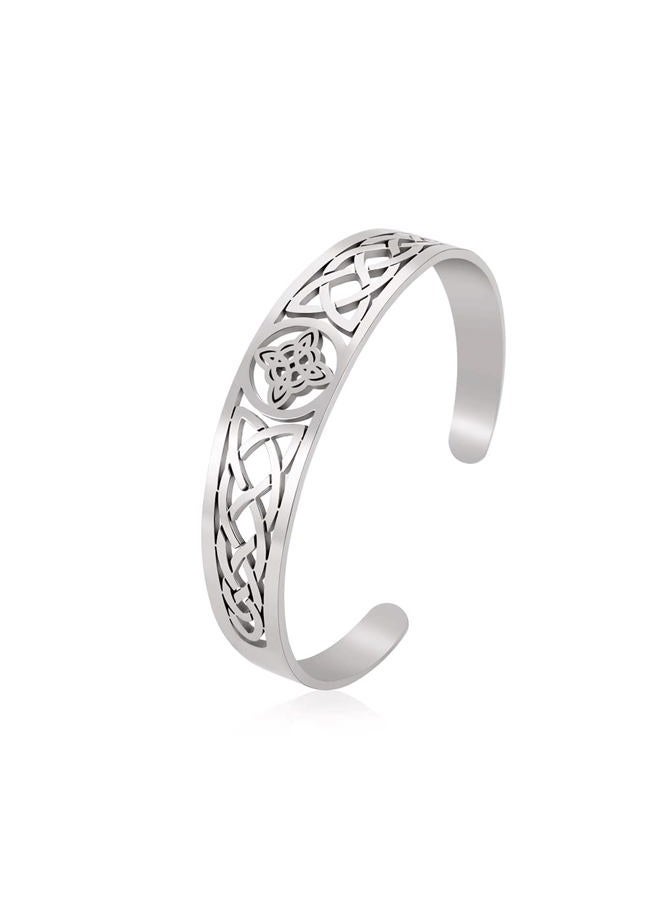 TEAMER Celtic Knot Bracelet Stainless Steel Silver Cuff Bangle Hollow Out Vintage Symbol Norse Amulet Jewelry for Women Men (Witch Knot 2) - Image 1