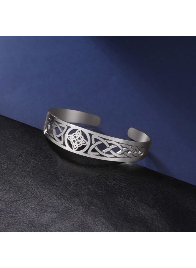 TEAMER Celtic Knot Bracelet Stainless Steel Silver Cuff Bangle Hollow Out Vintage Symbol Norse Amulet Jewelry for Women Men (Witch Knot 2) - Image 4