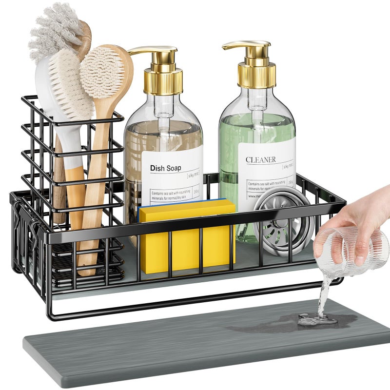 OVICAR Kitchen Sink Caddy Sponge Holder - Instant-Dry Sink Organizer with Brush Holder - Waterproof Soap Dispenser Non-Slip Countertop Organizer Storage for Kitchen Bathroom Black - Image 1