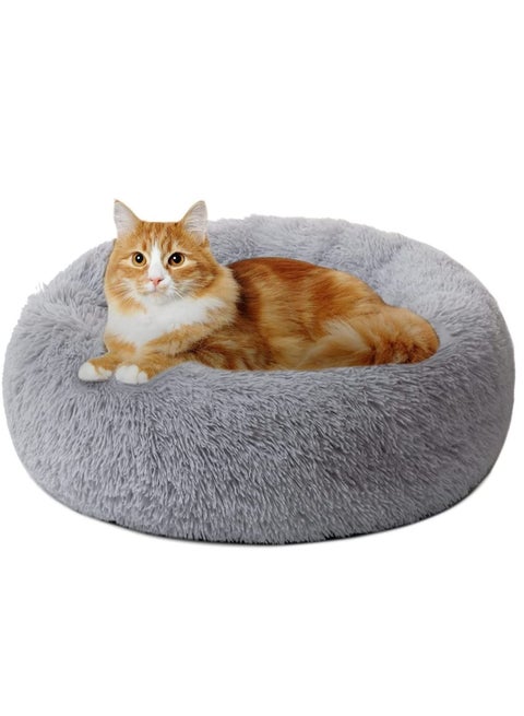 Fluffy Donut Style Soft Plush Machine Washable Self Calming Worming Cuddle Anti-Slip Base Circle Bed For Cats Puppies And Small Dogs Bed Grey 60X52X46Cm