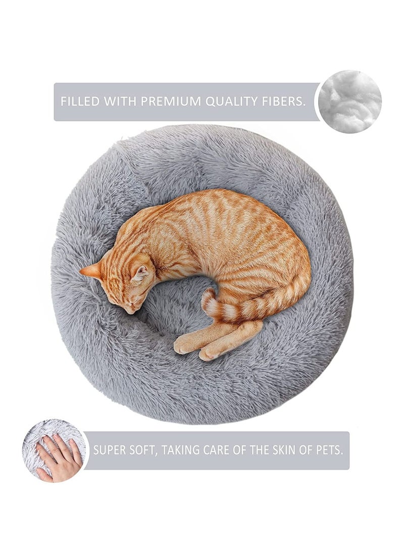 Fluffy Donut Style Soft Plush Machine Washable Self Calming Worming Cuddle Anti-Slip Base Circle Bed For Cats Puppies And Small Dogs Bed Grey 60X52X46Cm - Image 2