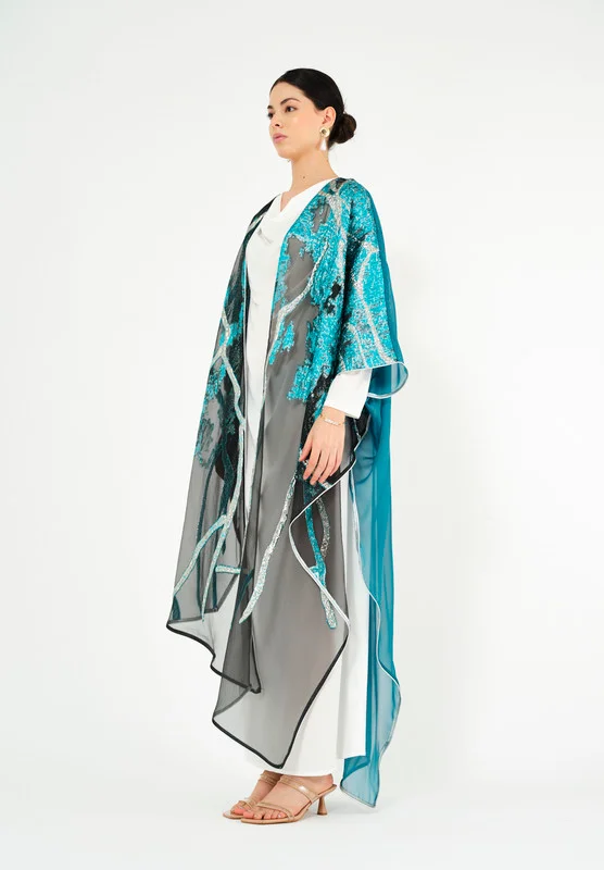Thouq Beautiful Symmetrical Jaquard Jalabiya with V-Neckline With kimono Sleeves