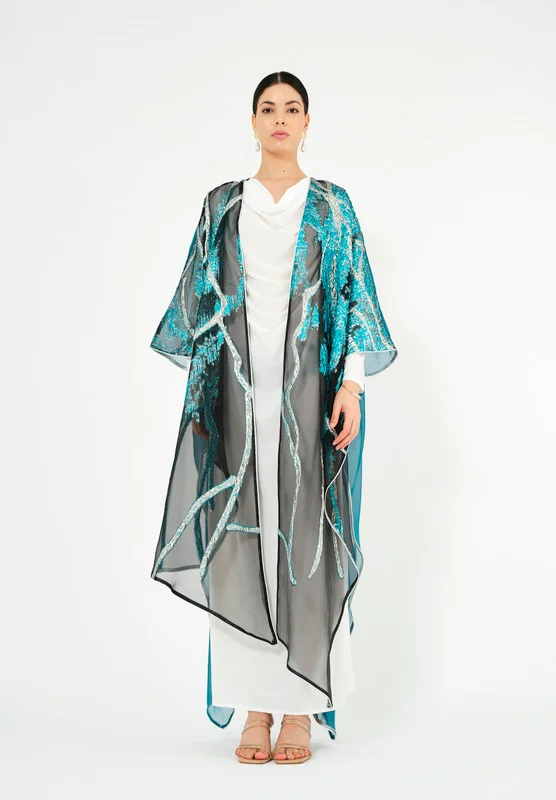 Thouq Beautiful Symmetrical Jaquard Jalabiya with V-Neckline With kimono Sleeves