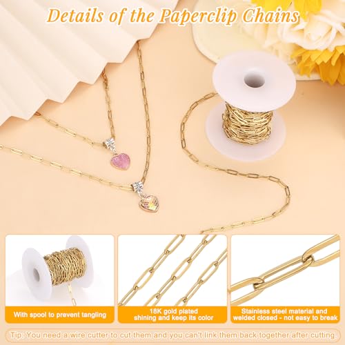 Jollidecor 23 Ft Gold Chain for Jewelry Making, 18K Gold Plated Stainless Steel Oval Paperclip Chain Roll with 10 Lobster Clasps 30 Jump Rings 1 Opening Closing Tool for DIY Charm Necklaces Bracelets Women Men - Image 3