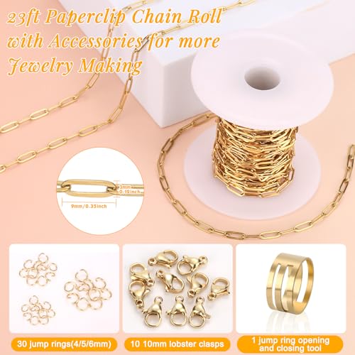 Jollidecor 23 Ft Gold Chain for Jewelry Making, 18K Gold Plated Stainless Steel Oval Paperclip Chain Roll with 10 Lobster Clasps 30 Jump Rings 1 Opening Closing Tool for DIY Charm Necklaces Bracelets Women Men - Image 2