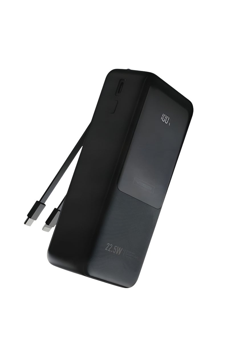 VEGER 30000mAh Power Bank with Built-in Type-C and iPhone Cables, Display Screen, and 22.5W Charging Power - Black - Image 2