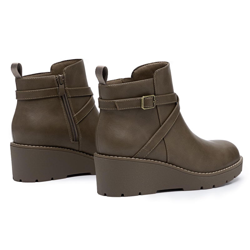 Athlefit Women's Wedge Ankle Boots Fashion Platform Lug Sole Buckle Taupe Short Booties with Side Zipper Size 8.5 - Image 5