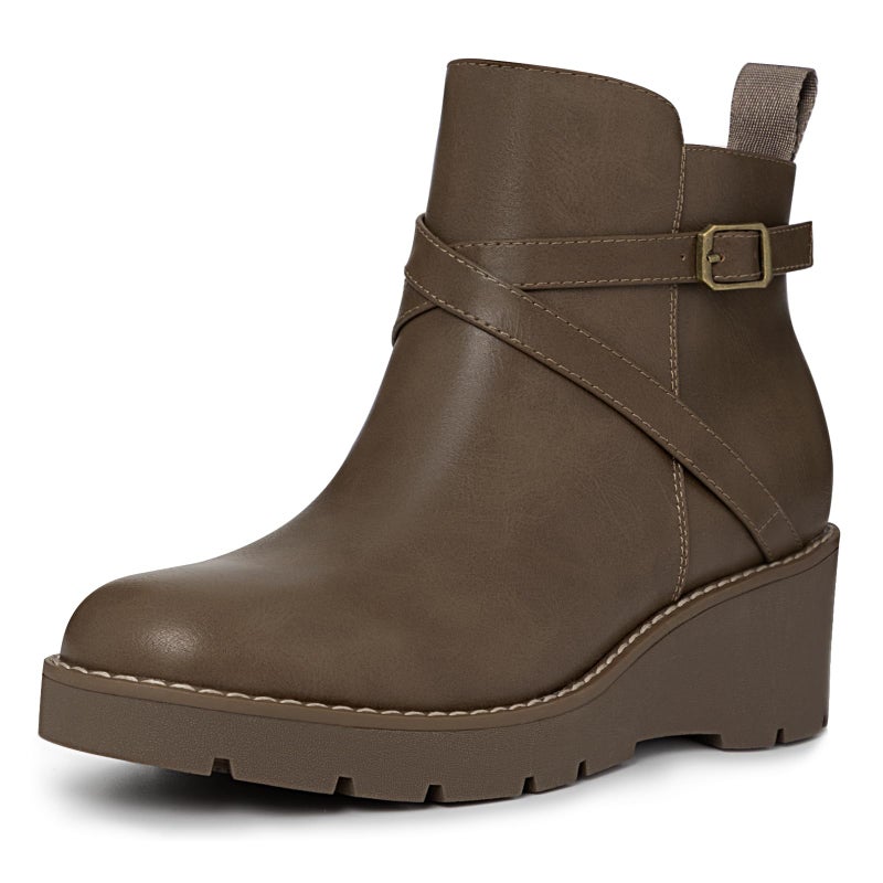 Athlefit Women's Wedge Ankle Boots Fashion Platform Lug Sole Buckle Taupe Short Booties with Side Zipper Size 8.5 - Image 1