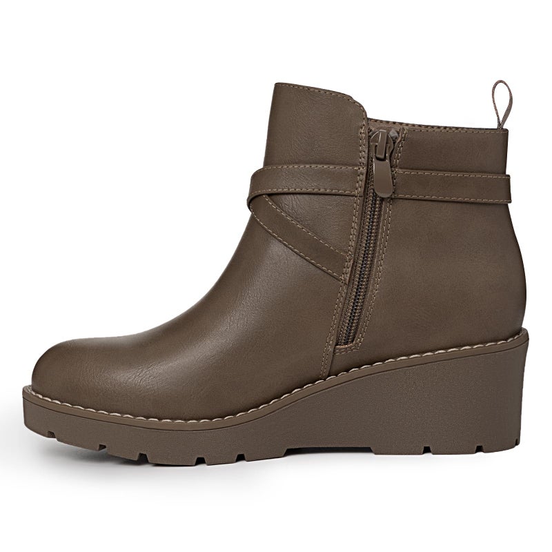 Athlefit Women's Wedge Ankle Boots Fashion Platform Lug Sole Buckle Taupe Short Booties with Side Zipper Size 8.5 - Image 2