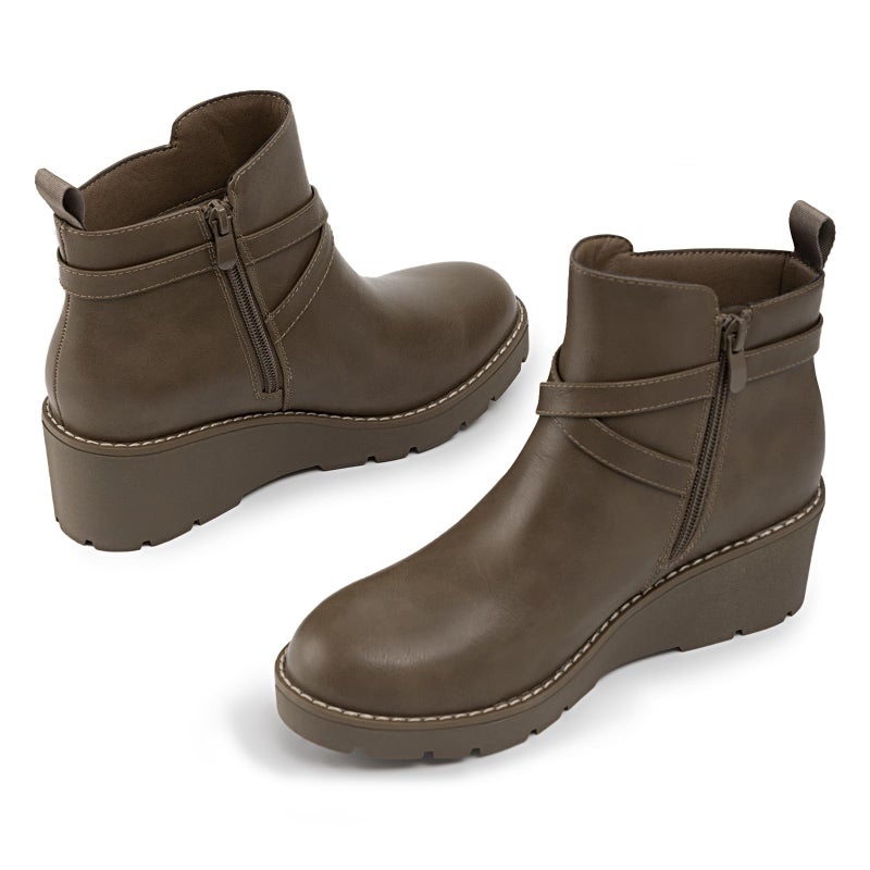 Athlefit Women's Wedge Ankle Boots Fashion Platform Lug Sole Buckle Taupe Short Booties with Side Zipper Size 8.5 - Image 4