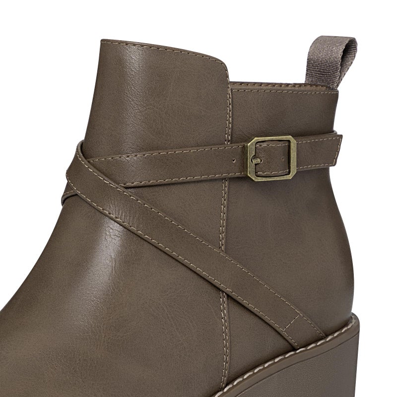 Athlefit Women's Wedge Ankle Boots Fashion Platform Lug Sole Buckle Taupe Short Booties with Side Zipper Size 8.5 - Image 3