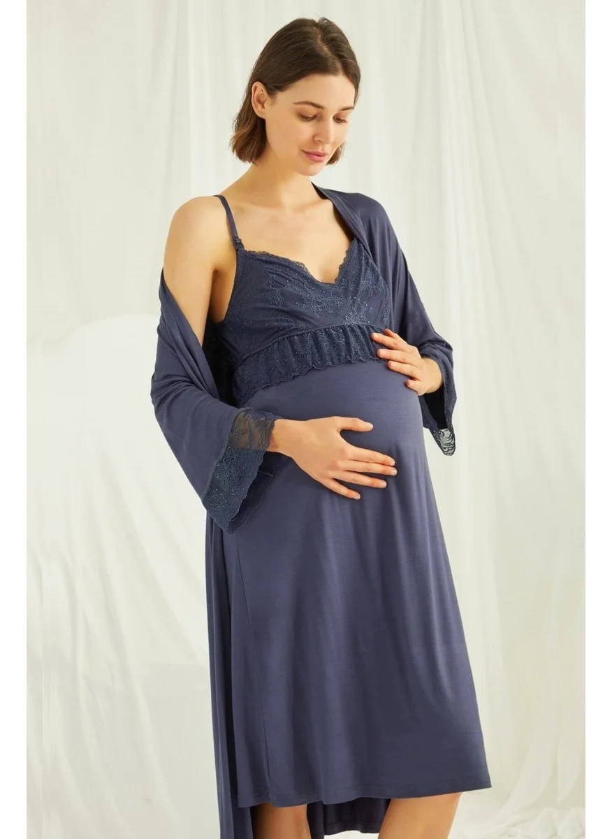 Monamise Women's Navy Blue Adjustable Straps Breastfeeding Lace Maternity Maternity Dressing Gown Nightgown Set