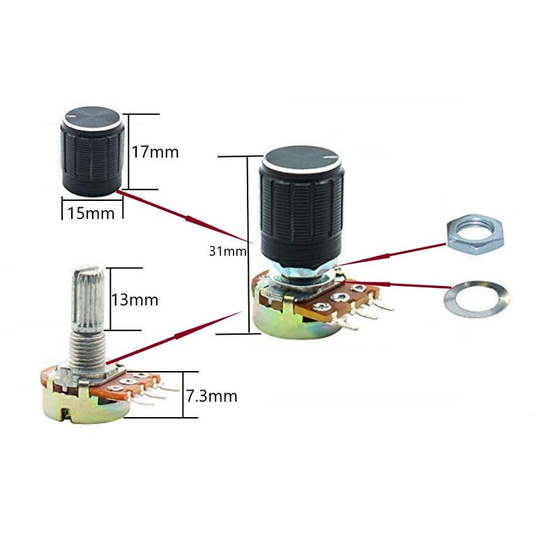 Dafurui 10k ohm Potentiometerï¼Œ20PCS B10k Rotary Potentiometer 10k Ohm Linear Potentiometer Kit 3 Terminals 20mm Shaft with Nuts, Washers and Aluminum Alloy knobs - Image 3