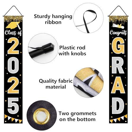 Labrostar Graduation Decorations 2025 GRAD Banner Black Porch Door Sign Welcome Banner For Indoor Outdoor Wall Graduation Decorations Class of 2025 - Image 3