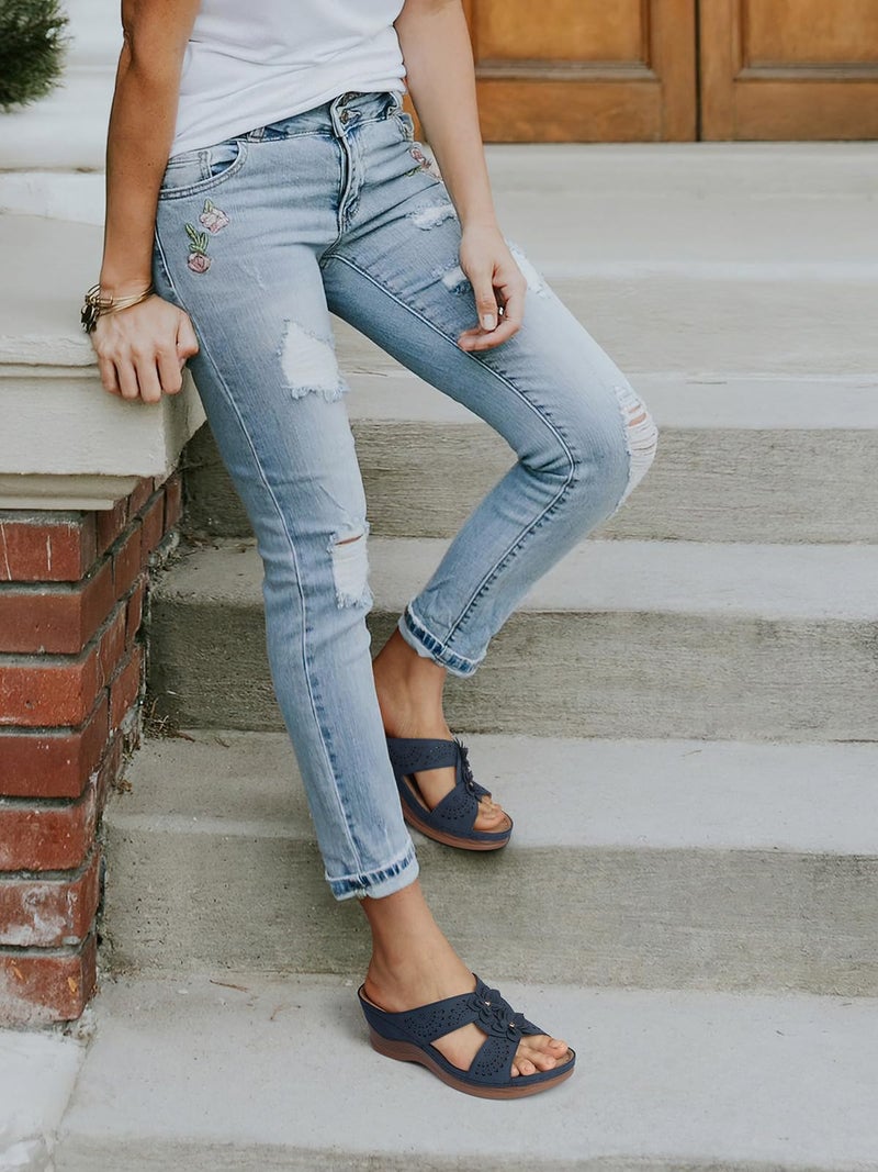 TEMOFON Womens Wedge Sandals Leather: Low Heels Platform Women Summer Wedge Sandals Navy Dressy Slip on Casual Comfortable Walking Size 8.5 - Image 2