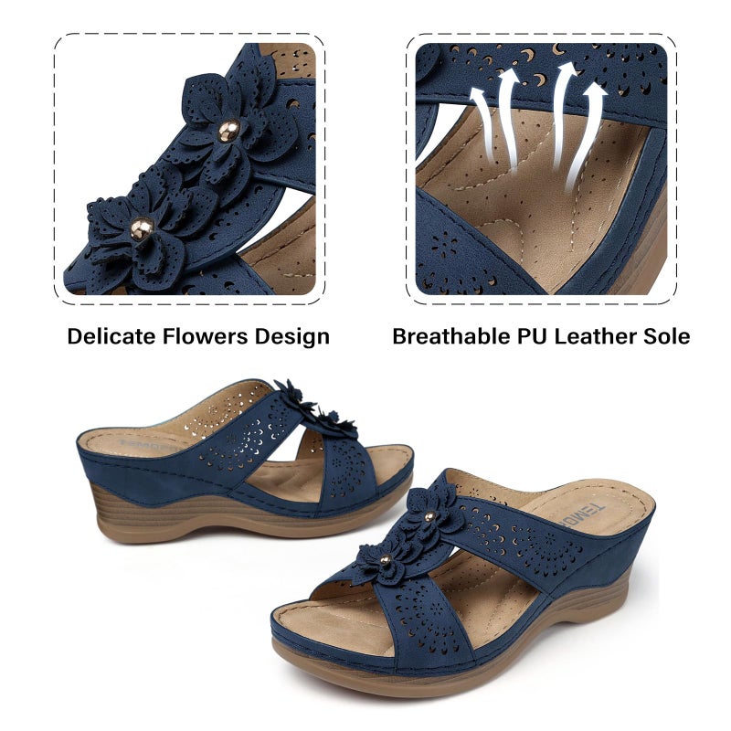 TEMOFON Womens Wedge Sandals Leather: Low Heels Platform Women Summer Wedge Sandals Navy Dressy Slip on Casual Comfortable Walking Size 8.5 - Image 4