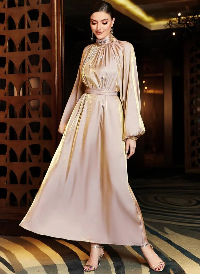 تايك تو Women Beige Balloon Pleated Rhinestone Maxi Dress