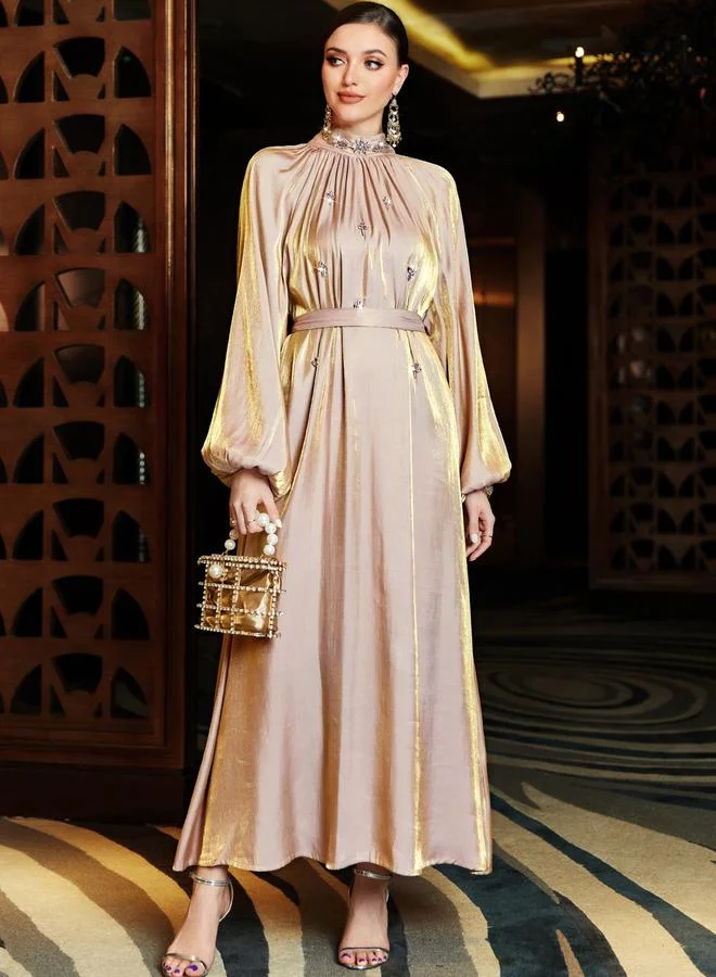تايك تو Women Beige Balloon Pleated Rhinestone Maxi Dress