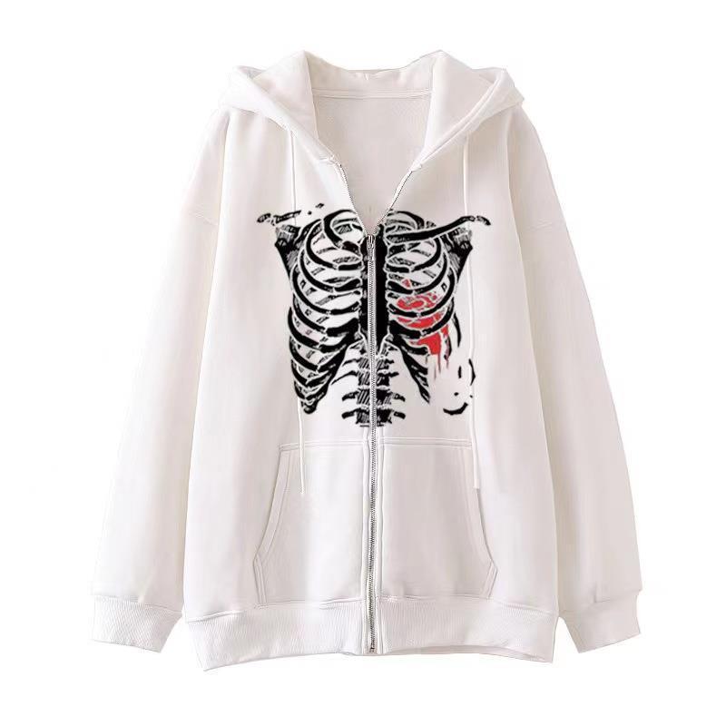 Gothic Butterfly Skull Zip Hoodie for Couples White 1  - Image 1