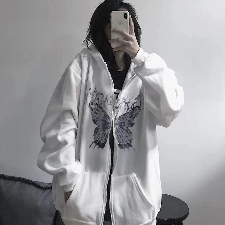 Gothic Butterfly Skull Zip Hoodie for Couples White 1  - Image 3