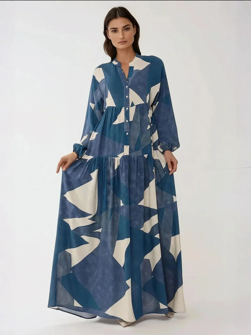 زوبعة فستان ماكسي طويل الأكمام من الفيسكوز مطبوع