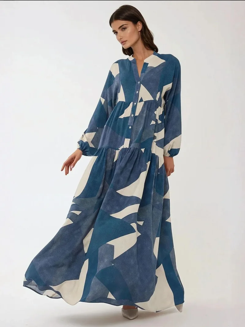 زوبعة فستان ماكسي طويل الأكمام من الفيسكوز مطبوع