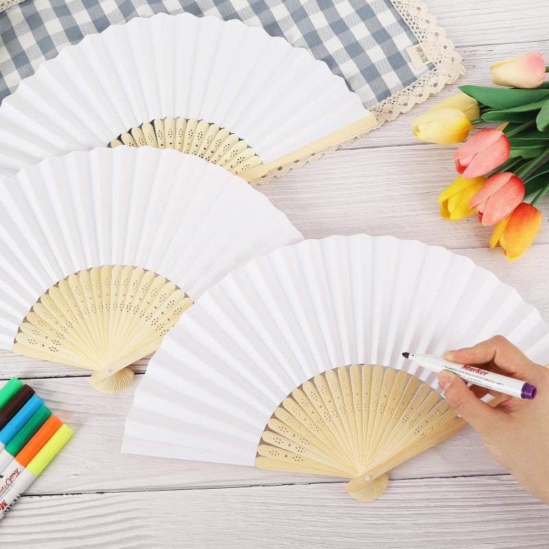 WAYASDCU 100pcs Paper Fans Handheld Folding Fans Bulk Fans for Line Dancing Bulk White Wedding Fans Folding Fans Handheld for Guest Dancing Party DIY Craft Photo Props Wall Decoration - Image 4