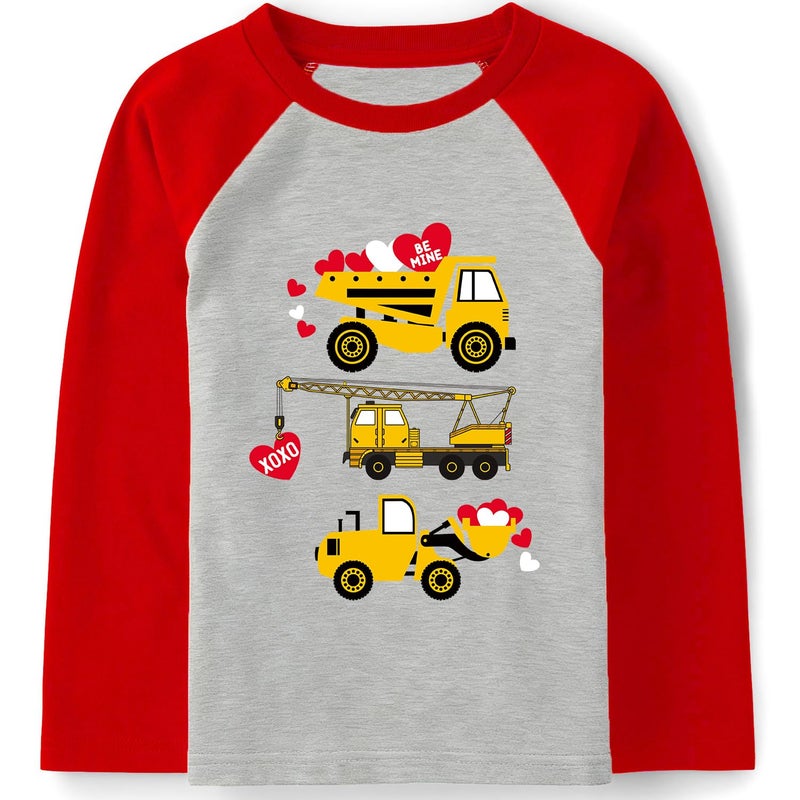 Joctoh Kids Valentine's T-Shirt Raglan Long Sleeve Funny Construction Truck Holiday Tee, Love Heart Gift Top for Youth Boy 9-10 Years - Image 1