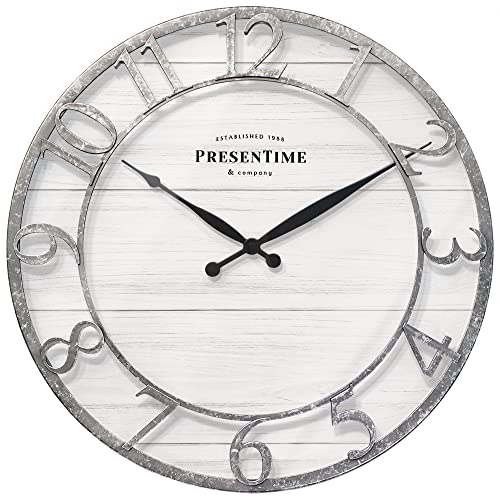 Presentime  Co 21 Farmhouse Series Wall Clock Shiplap Style Raised 3D Arabic Numeral Galvanized Finish Wall Dcor for Living Room Dining Room and Entryway