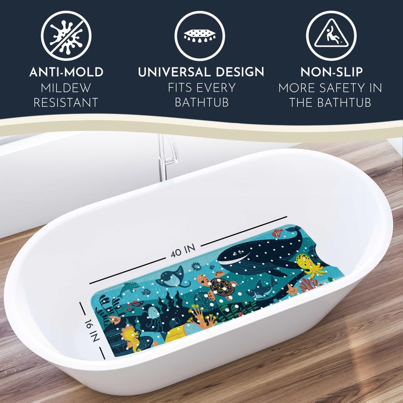 Homerella Bath Tub Mat Non Slip Anti Mold for Kids BPA Free INCL Hooks - homerellaÂ® Ocean Sea Animals 40x16, Baby Bath Mat Non Slip 200 Suction Cups, Non Toxic Machine Washable Toddler Bath Mat, EU Certified - Image 2