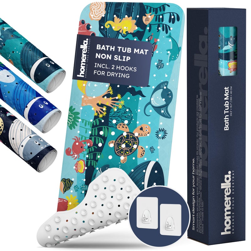 Homerella Bath Tub Mat Non Slip Anti Mold for Kids BPA Free INCL Hooks - homerellaÂ® Ocean Sea Animals 40x16, Baby Bath Mat Non Slip 200 Suction Cups, Non Toxic Machine Washable Toddler Bath Mat, EU Certified - Image 1
