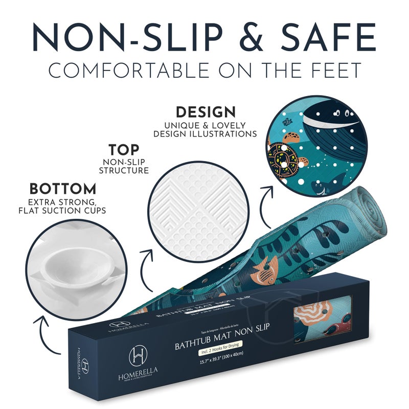 Homerella Bath Tub Mat Non Slip Anti Mold for Kids BPA Free INCL Hooks - homerellaÂ® Ocean Sea Animals 40x16, Baby Bath Mat Non Slip 200 Suction Cups, Non Toxic Machine Washable Toddler Bath Mat, EU Certified - Image 4
