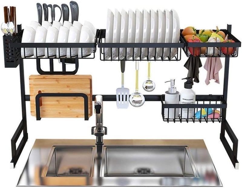 Derovan Stainless Steel Over‑Sink Dish Drying Rack 85 cm (Black) – Heavy‑Duty Carbon Steel, Double‑Tier Drainer with Utensil & Chopstick Holders – Space‑Saving Kitchen Organizer - Image 1