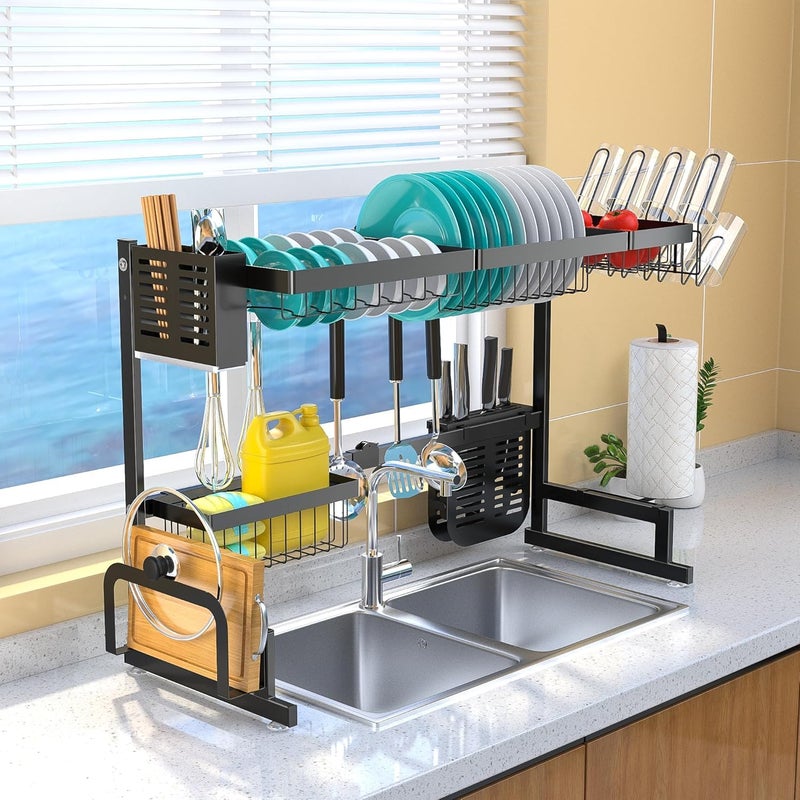 Derovan Stainless Steel Over‑Sink Dish Drying Rack 85 cm (Black) – Heavy‑Duty Carbon Steel, Double‑Tier Drainer with Utensil & Chopstick Holders – Space‑Saving Kitchen Organizer - Image 2